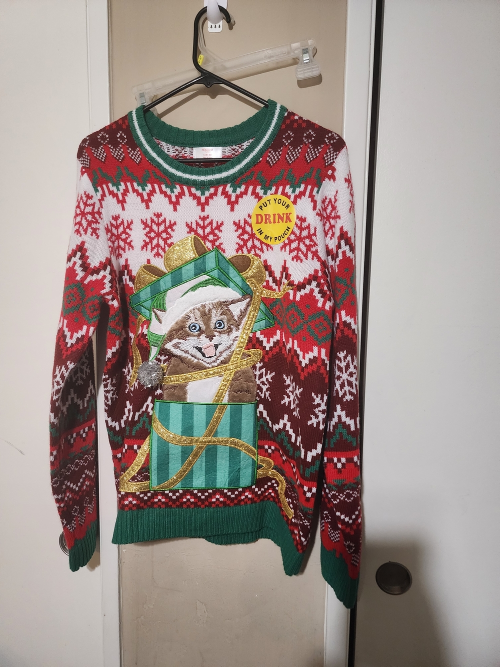 Holiday Time Men's Red, Green & White Crewneck Sweater with Cat-in-Gift Design